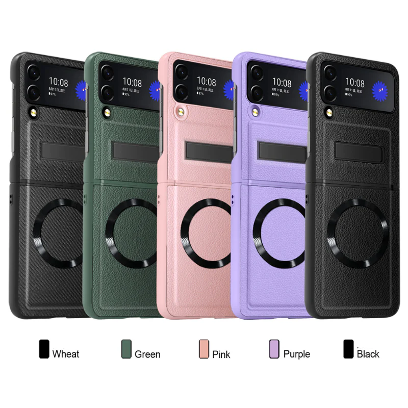 [Magsafe Compatible][Built-in Stand] Samsung Galaxy Z Flip 4 SM-F721 Wireless Charging Leather Full-cover Shockproof Essentials Series Case - Image 2