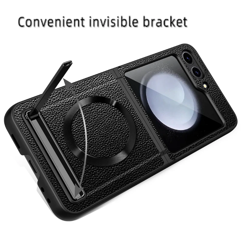 [Magsafe Compatible][Built-in Stand] Samsung Galaxy Z Flip 4 SM-F721 Wireless Charging Leather Full-cover Shockproof Essentials Series Case - Image 6