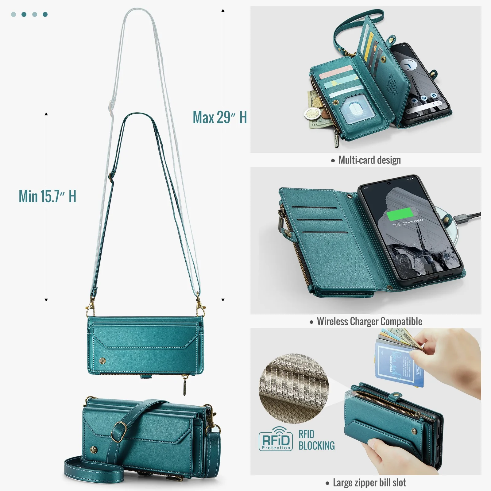 [Magsafe Compatible] Google Pixel 10a - Zipper Style Crossbody PU Leather Wallet Series Stand Case With Lanyard - Image 15