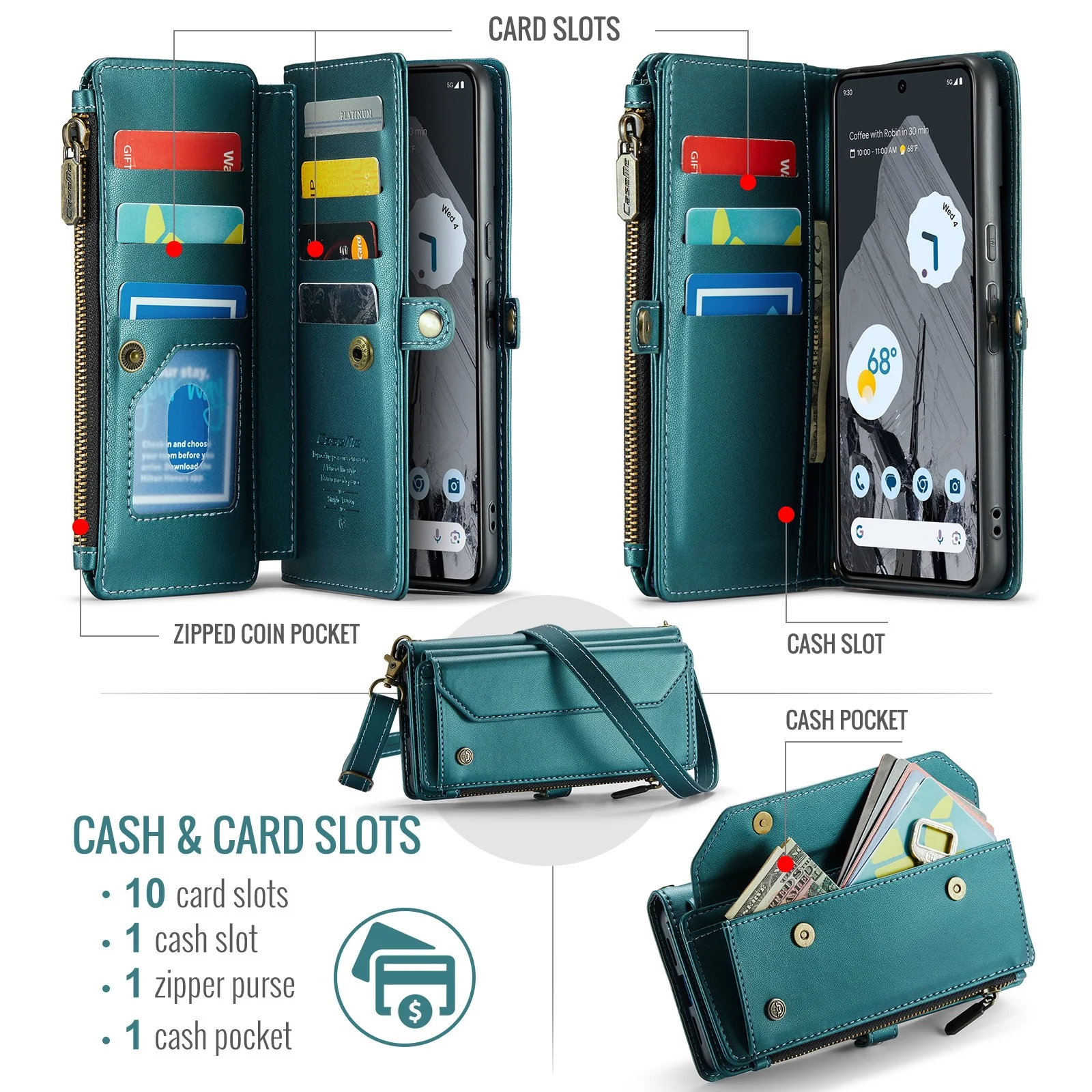 [Magsafe Compatible] Google Pixel 10a - Zipper Style Crossbody PU Leather Wallet Series Stand Case With Lanyard - Image 7