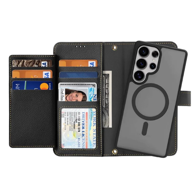 [Magsafe Compatible] Samsung Galaxy S25/Plus/Ultra - Leather Magnetic Detachable Skin-friendly Matte Flip Wallet Series Case With Wrist Strap - Image 4