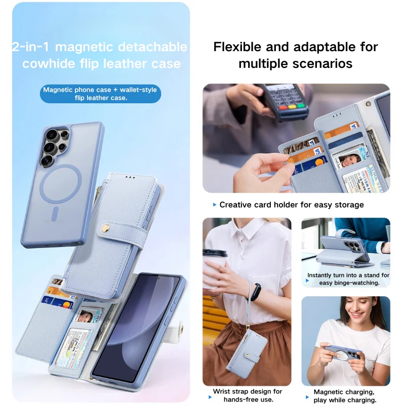 [Magsafe Compatible] Samsung Galaxy S25/Plus/Ultra - Leather Magnetic Detachable Skin-friendly Matte Flip Wallet Series Case With Wrist Strap - Image 6