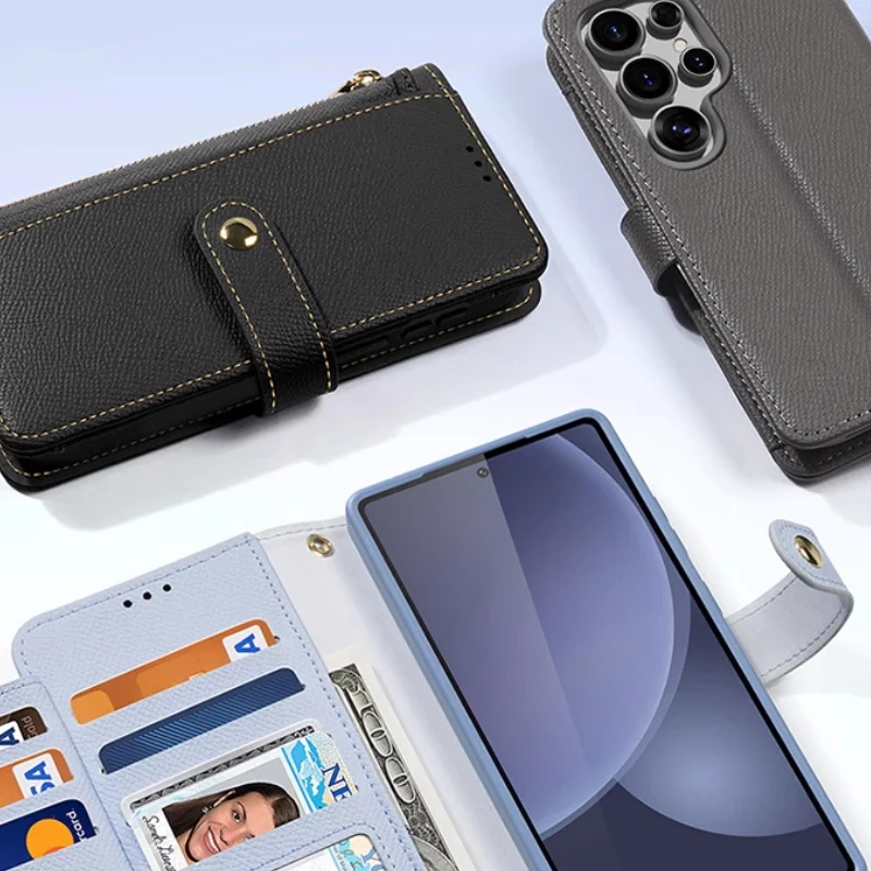 [Magsafe Compatible] Samsung Galaxy S25/Plus/Ultra - Leather Magnetic Detachable Skin-friendly Matte Flip Wallet Series Case With Wrist Strap - Image 9