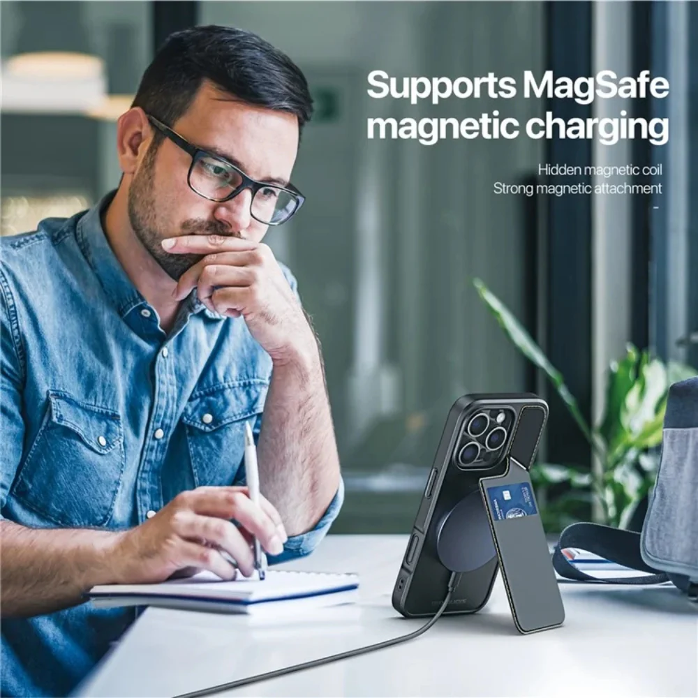 [Magsafe Compatible] [With Card Slot] Apple iPhone 15/Pro/Plus/Max - Magnetic Case Kickstand Leather + TPU Phone Cover - Image 7