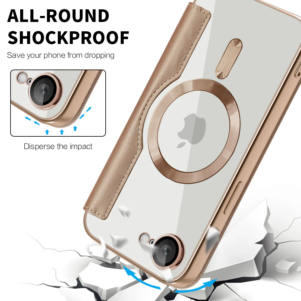 [Magsafe Compatible][With Card Slot] Apple iPhone 16e & 17e Golden Shield Magnetic Flip Leather Case - Image 3