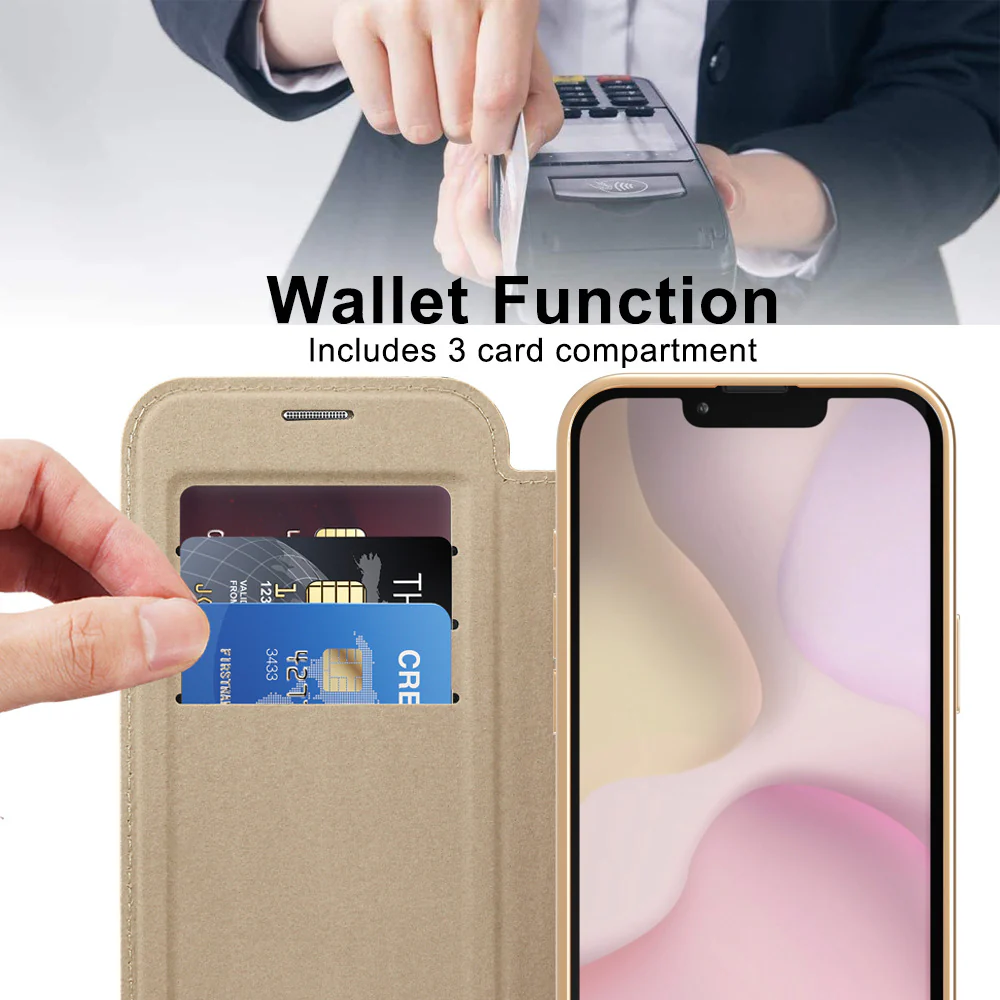 [Magsafe Compatible][With Card Slot] Apple iPhone 16e & 17e Golden Shield Magnetic Flip Leather Case - Image 5