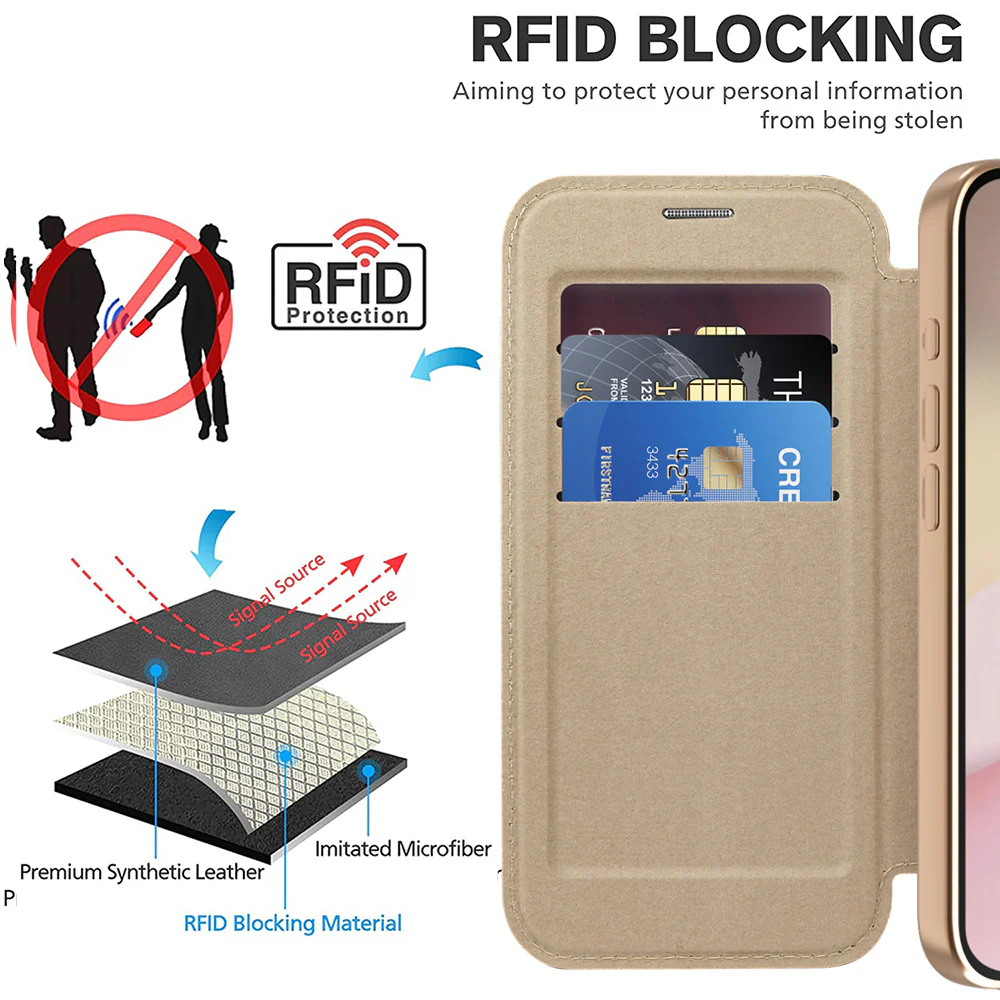 [Magsafe Compatible][With Card Slot] Apple iPhone 16e & 17e Golden Shield Magnetic Flip Leather Case - Image 6