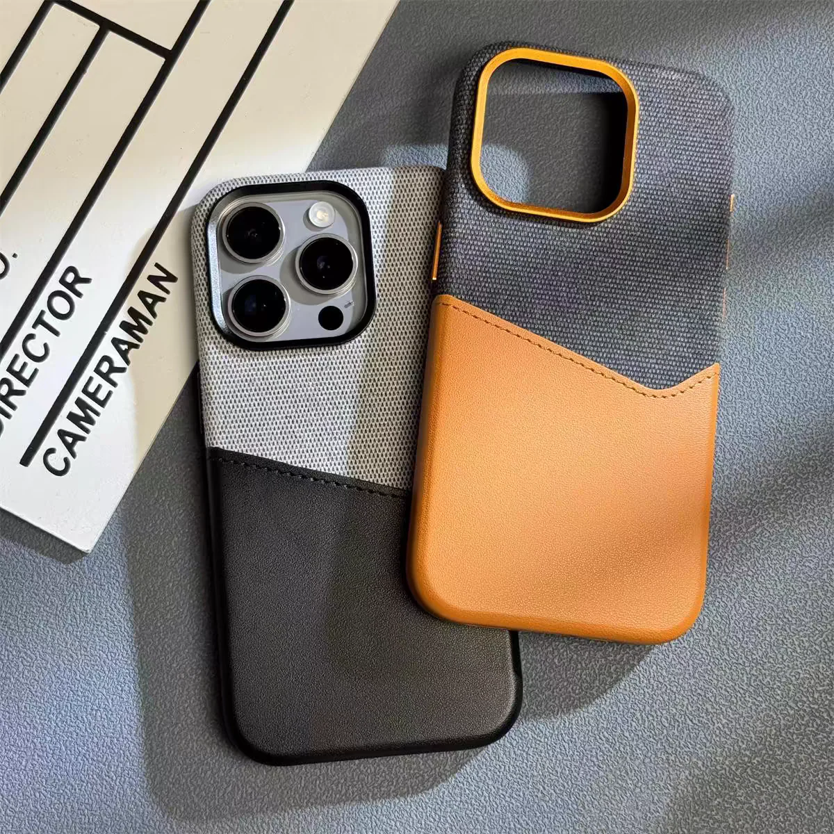 [Magsafe Compatible][With Card Solt] Apple iPhone 14/Pro/Pro Max Two-tone Contrast Leather and Suede Fabric Essentials Series Case - Image 3