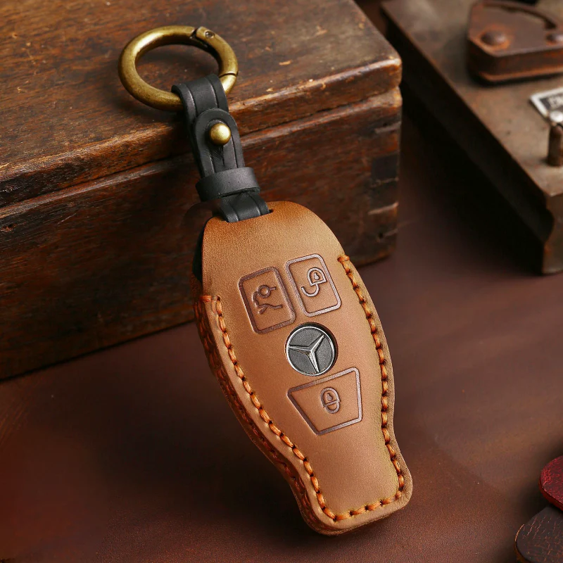 Mercedes Benz Handcrafted Genuine Leather Car Key Fob Protective Cover Case For Benz A, B, C, E, S-Class, GLC, GLE, GLK