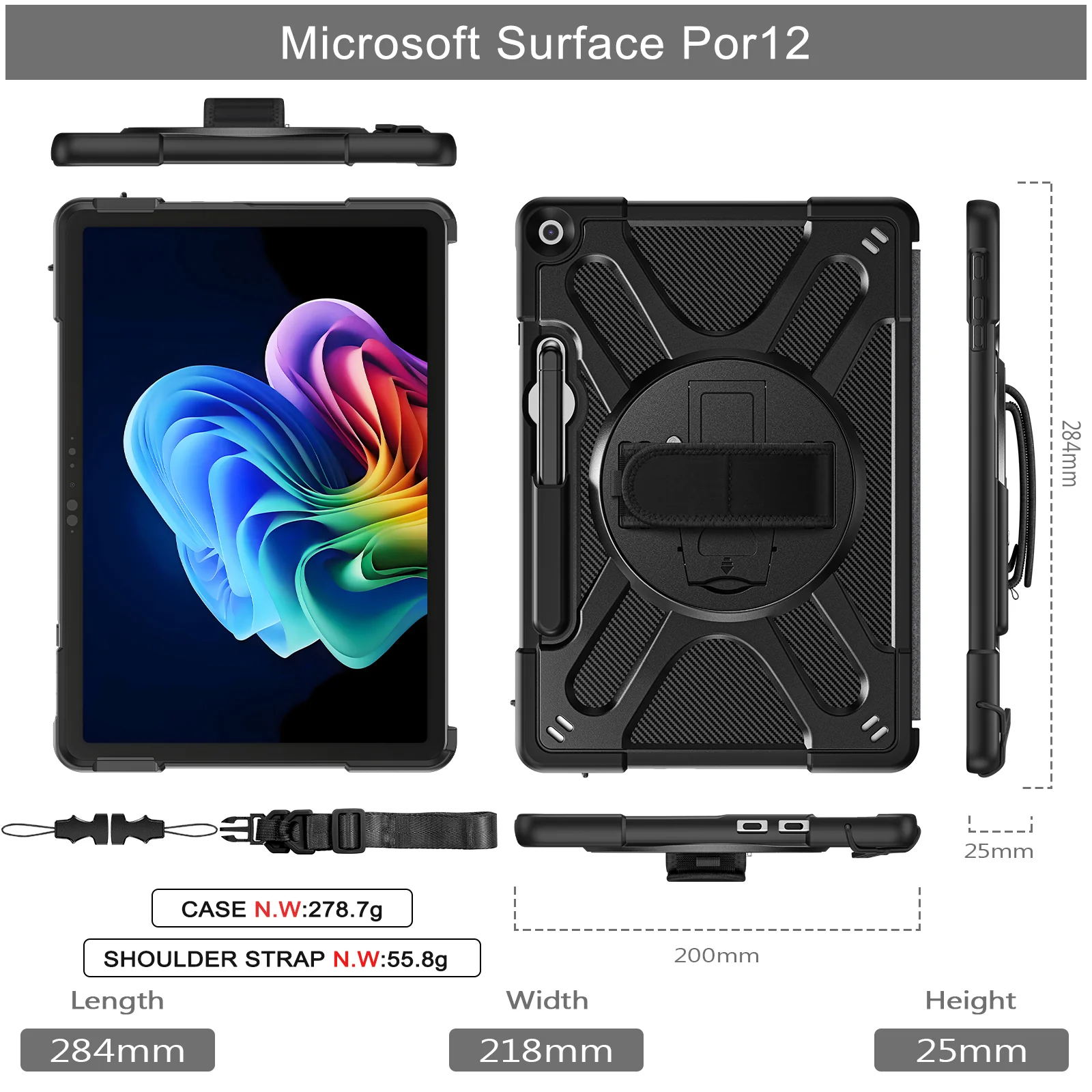 Microsoft Surface Pro 12 (2025) - Heavy Duty 360 Degree Rotate Stand Hand Strap Case With Shoulder Strap - Image 16