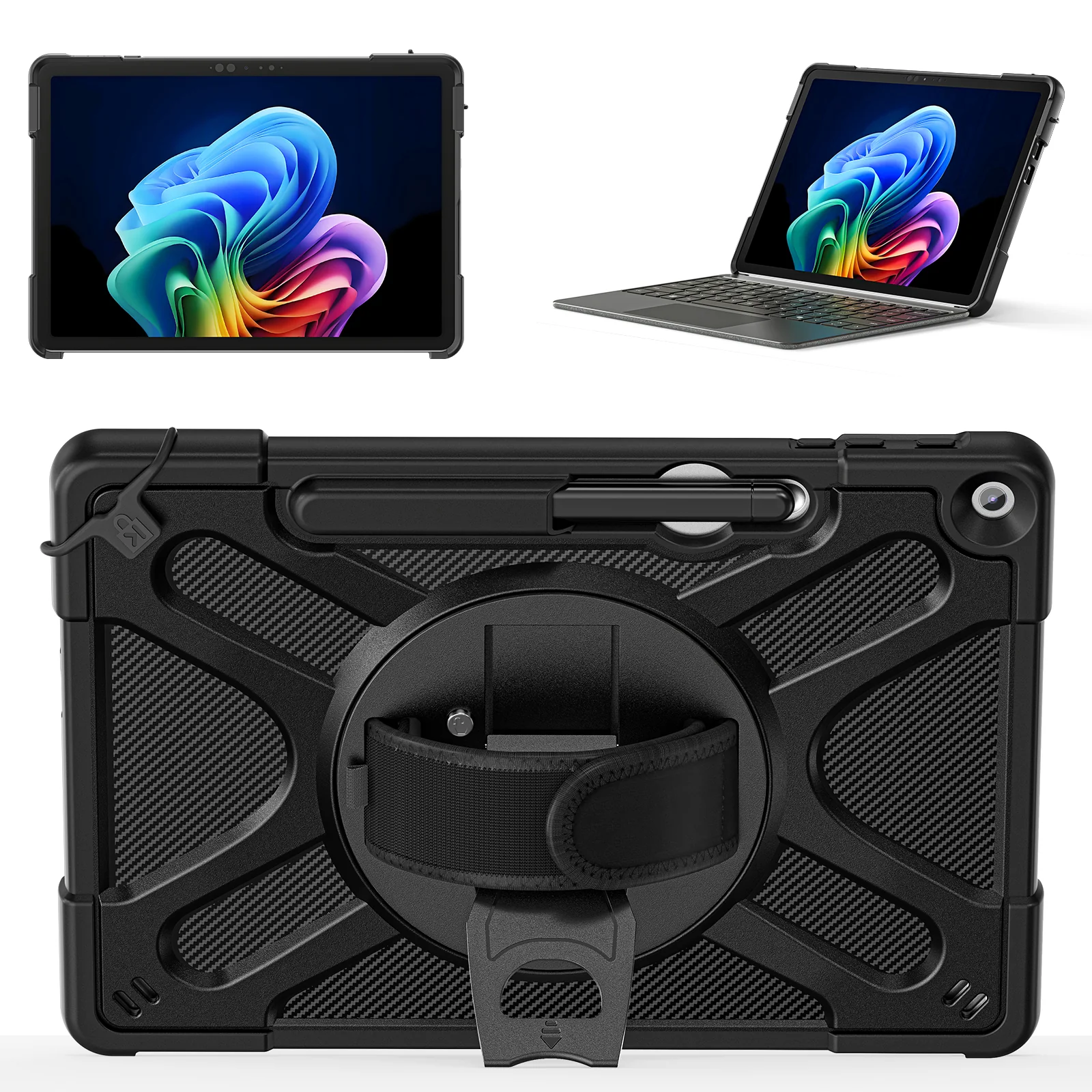 Microsoft Surface Pro 12 (2025) - Heavy Duty 360 Degree Rotate Stand Hand Strap Case With Shoulder Strap - Image 3
