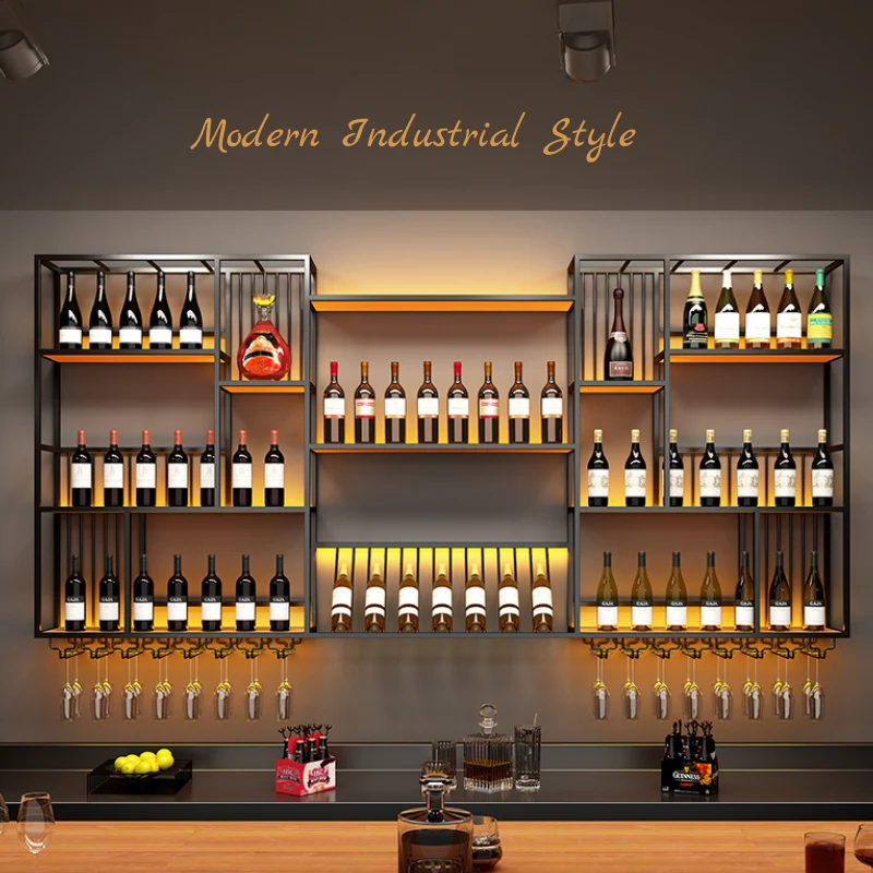 Modern Industrial Wall-Mounted Wine & Spirits Rack with LED Lighting and Hanging Wine Glass Holder