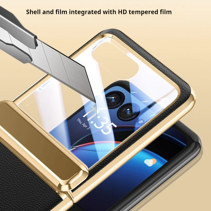 Motorola Moto Razr 40 Ultra Electroplated Chain Shockproof Plain Leather Essentials Series Case With Screen Protector - Image 7