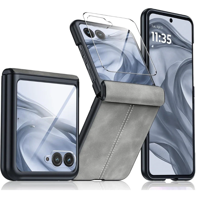 Motorola Moto Razr 50/Razr 2024 - Hinge Protection & Thin PU Leather Matte PC Shockproof Case With 1PC Tempered Glass Screen Protector - Image 10