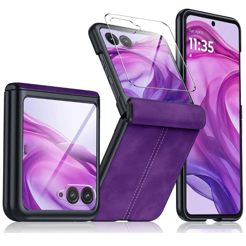 Motorola Moto Razr 50/Razr 2024 - Hinge Protection & Thin PU Leather Matte PC Shockproof Case With 1PC Tempered Glass Screen Protector - Image 11