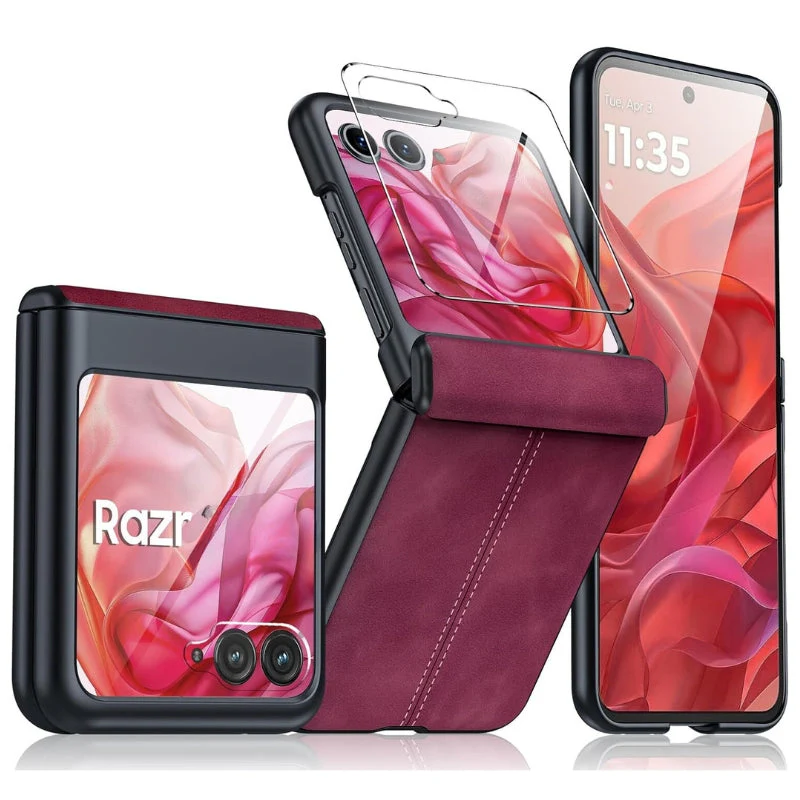Motorola Moto Razr 50/Razr 2024 - Hinge Protection & Thin PU Leather Matte PC Shockproof Case With 1PC Tempered Glass Screen Protector - Image 2