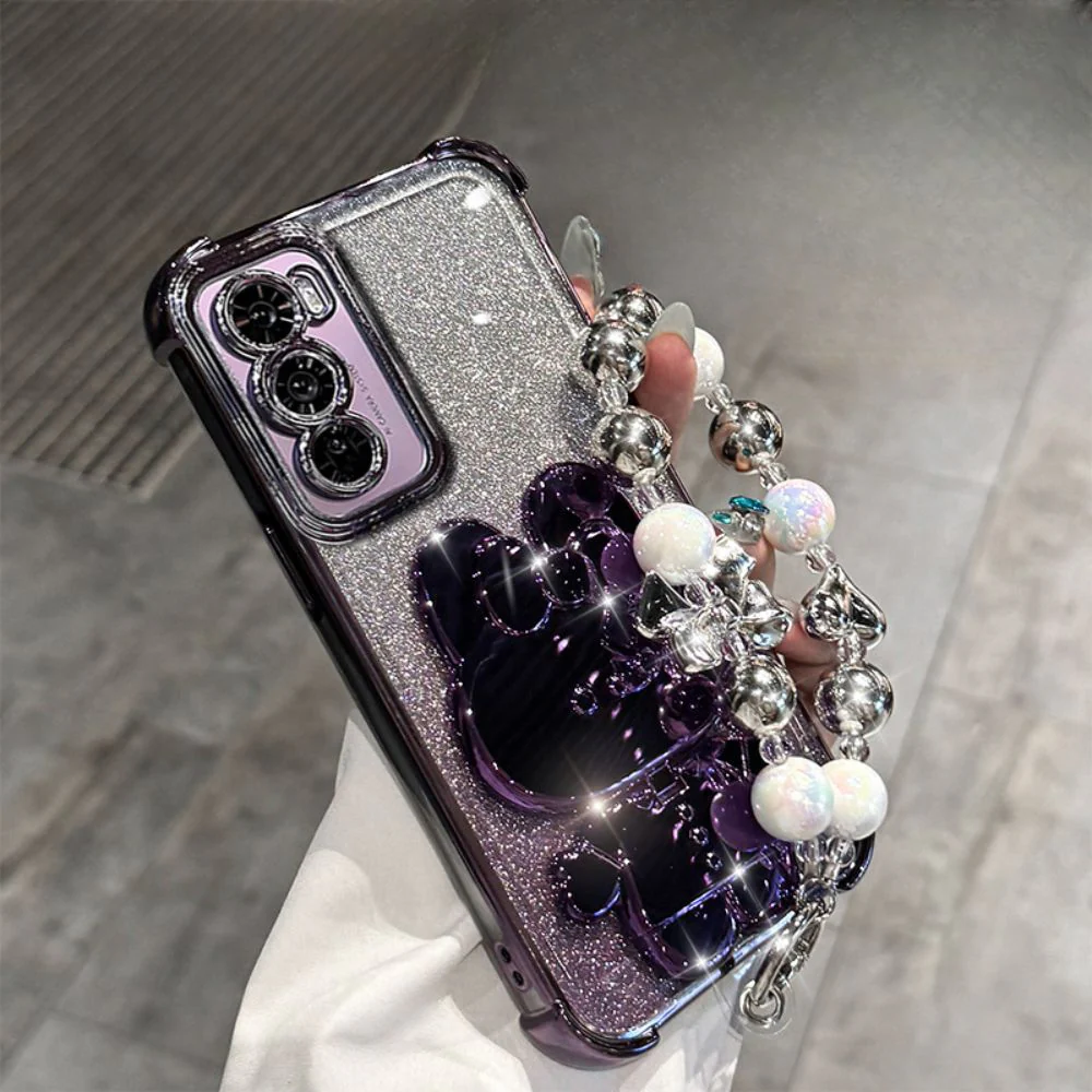 OPPO Reno 12 Pro 5G (CPH2629) - Rabbit Makeup Mirror Stand Series Case With Gradient Flash Card and Pearl Bracelet - Image 12