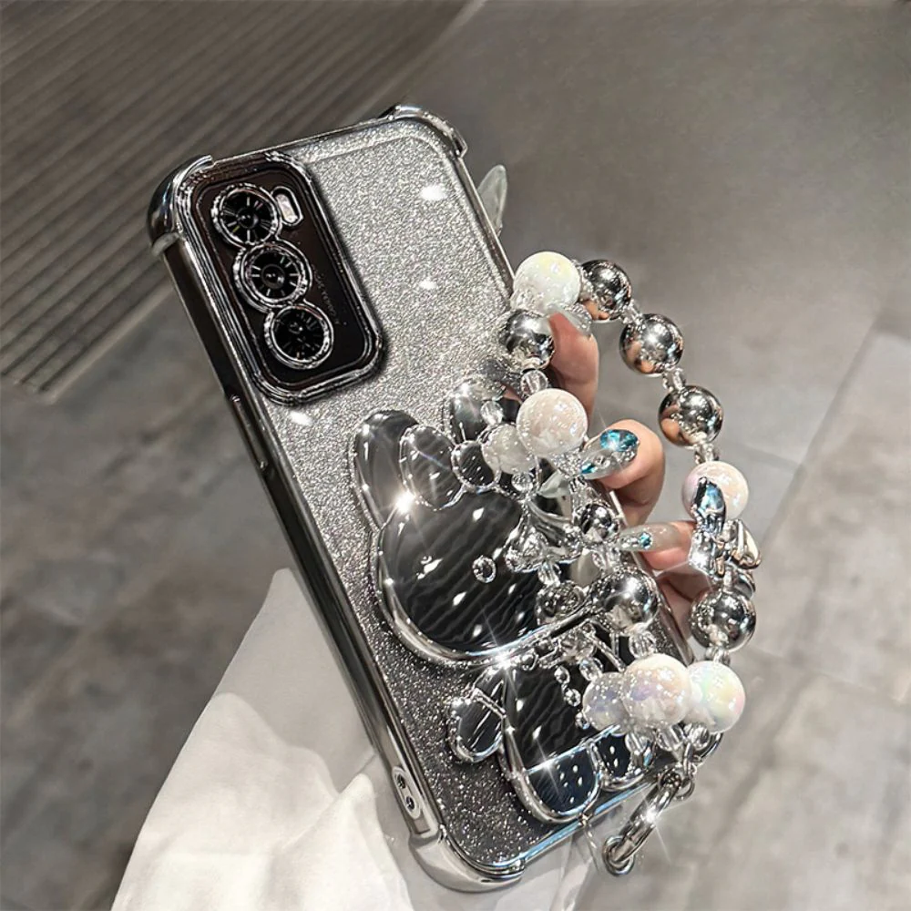 OPPO Reno 12 Pro 5G (CPH2629) - Rabbit Makeup Mirror Stand Series Case With Gradient Flash Card and Pearl Bracelet - Image 13