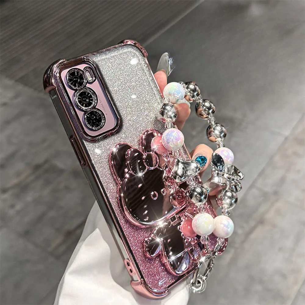 OPPO Reno 12 Pro 5G (CPH2629) - Rabbit Makeup Mirror Stand Series Case With Gradient Flash Card and Pearl Bracelet - Image 16