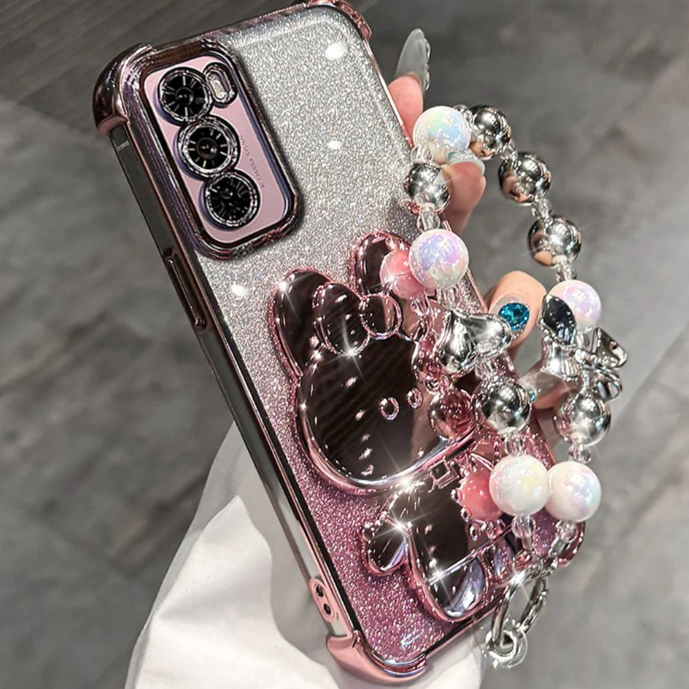 OPPO Reno 12 Pro 5G (CPH2629) - Rabbit Makeup Mirror Stand Series Case With Gradient Flash Card and Pearl Bracelet - Image 2