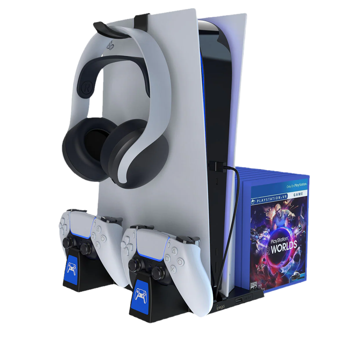 PlayStation PS5 Vertical Charging Dock Game Controller Charging Stand Storage Holder with Headset Hook Game Disc Container - Image 2