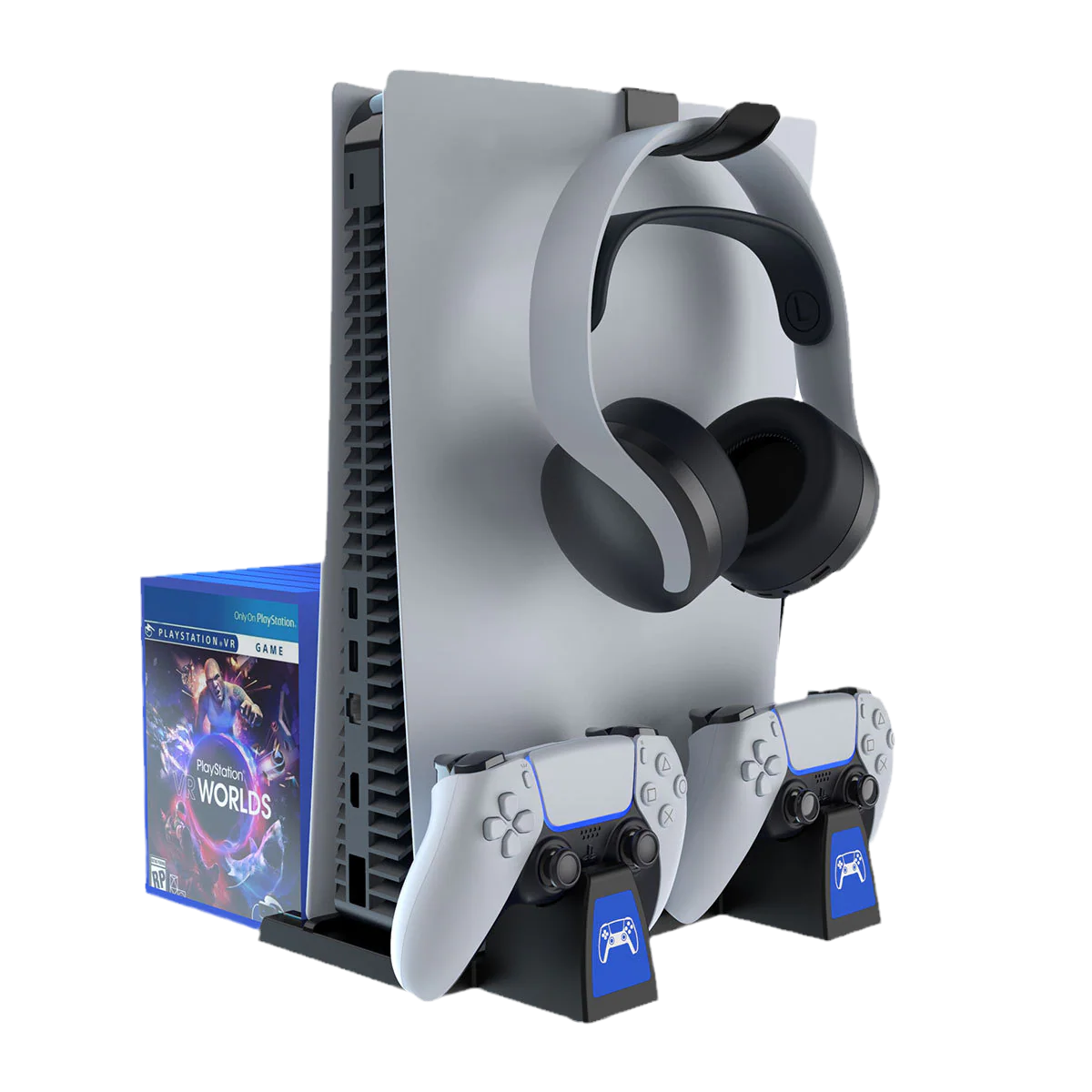 PlayStation PS5 Vertical Charging Dock Game Controller Charging Stand Storage Holder with Headset Hook Game Disc Container - Image 3