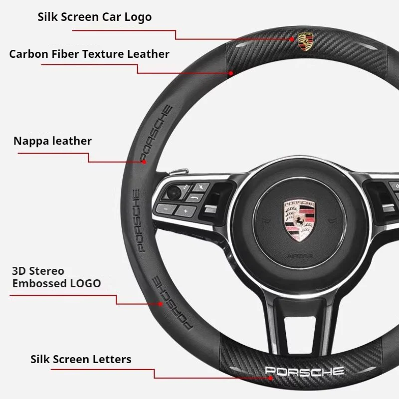 Porsche Carbon Fiber Texture & Nappa Leather Luxury Grip & Anti-Slip Protection Steering Wheel Cover For Cayenne, Macan, Panamera, 718, Taycan, 911 - Image 3