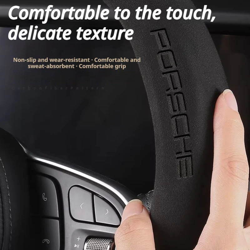 Porsche Carbon Fiber Texture & Nappa Leather Luxury Grip & Anti-Slip Protection Steering Wheel Cover For Cayenne, Macan, Panamera, 718, Taycan, 911 - Image 4