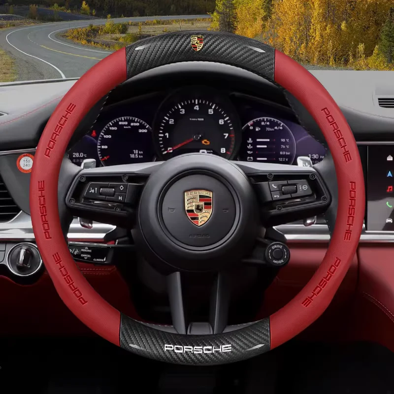 Porsche Carbon Fiber Texture & Nappa Leather Luxury Grip & Anti-Slip Protection Steering Wheel Cover For Cayenne, Macan, Panamera, 718, Taycan, 911 - Image 8