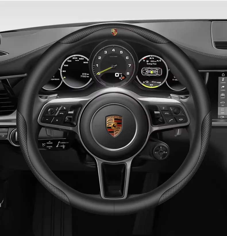 Porsche Genuine Leather Spliced Design with Breathable & Anti-Slip Grip Steering Wheel Cover For 718, Macan, Cayenne, Panamera, 911 - Image 2