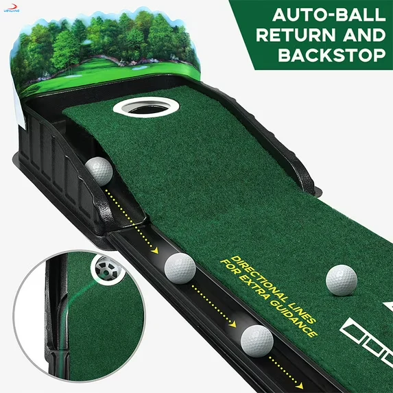 Portable Golf Putting Mat Indoor & Outdoor Practice Trainer with Automatic Ball Return & Obstacles