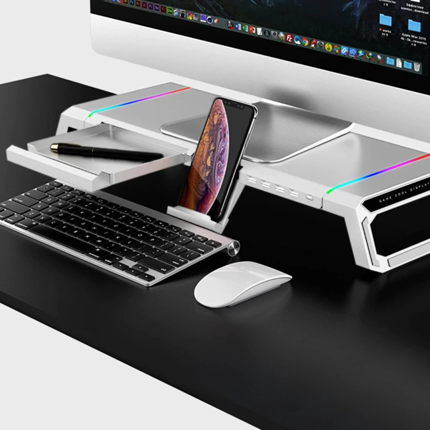 RGB Gaming Computer Monitor Stand Riser with Drawer,Storage and Phone Holder - 1 USB 3.0 and 3 USB 2.0 Hub, 3 Length Adjustable - Image 10
