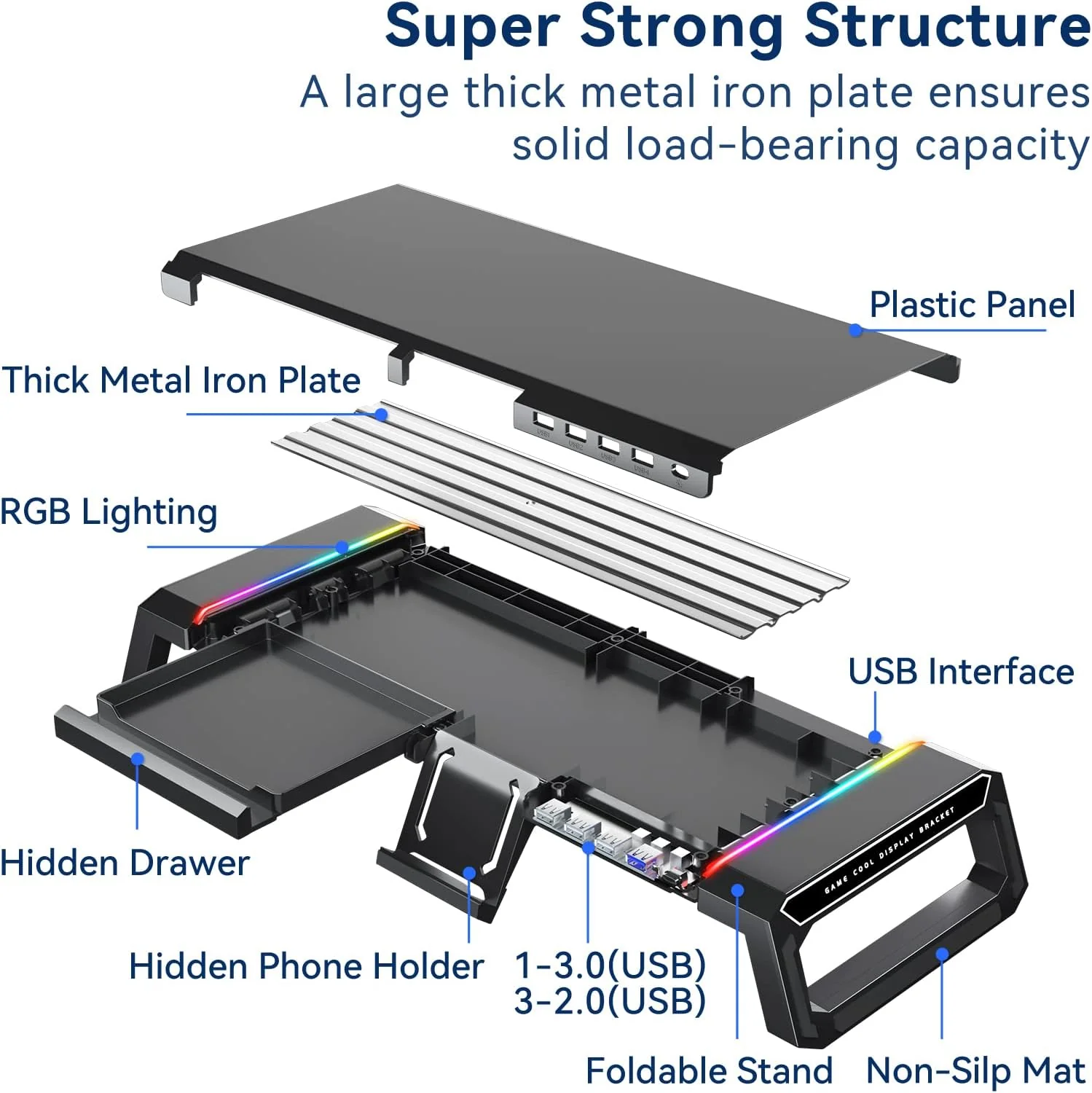 RGB Gaming Computer Monitor Stand Riser with Drawer,Storage and Phone Holder - 1 USB 3.0 and 3 USB 2.0 Hub, 3 Length Adjustable - Image 4