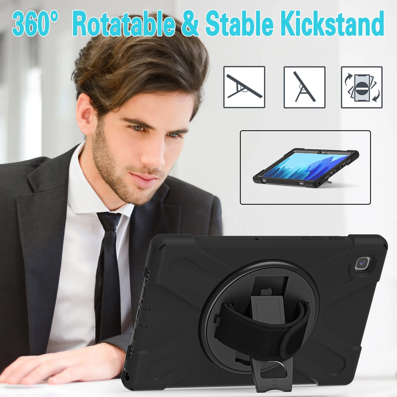Samsung Galaxy Tab A8 10.5" 2022 (X200/X205) Heavy Duty 360 Degree Rotate Stand Hand Strap Case - Image 5