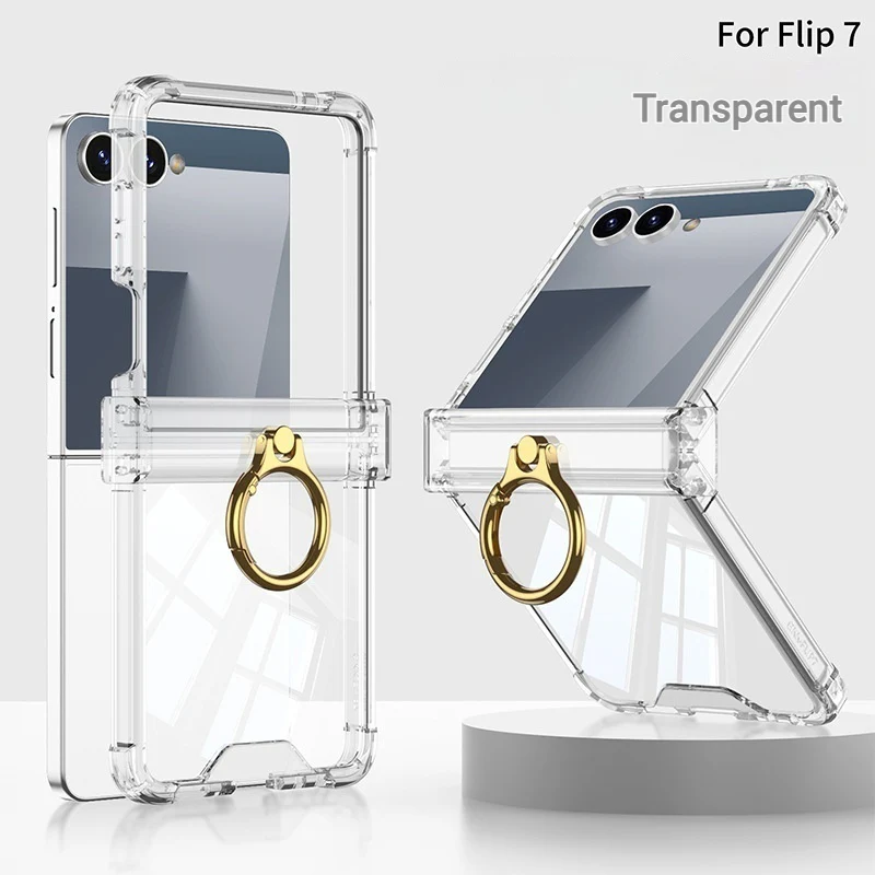 Samsung Galaxy Z Flip7 PC + TPU Full Covered Hinge Transparent Airbag Foldable Ring Case - Image 14