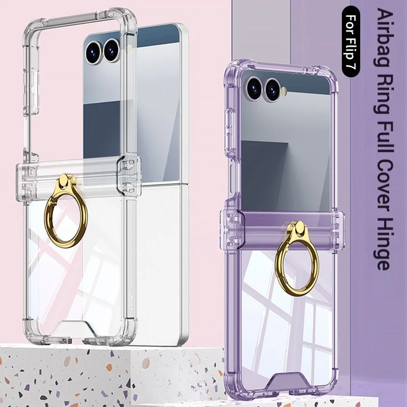 Samsung Galaxy Z Flip7 PC + TPU Full Covered Hinge Transparent Airbag Foldable Ring Case - Image 2