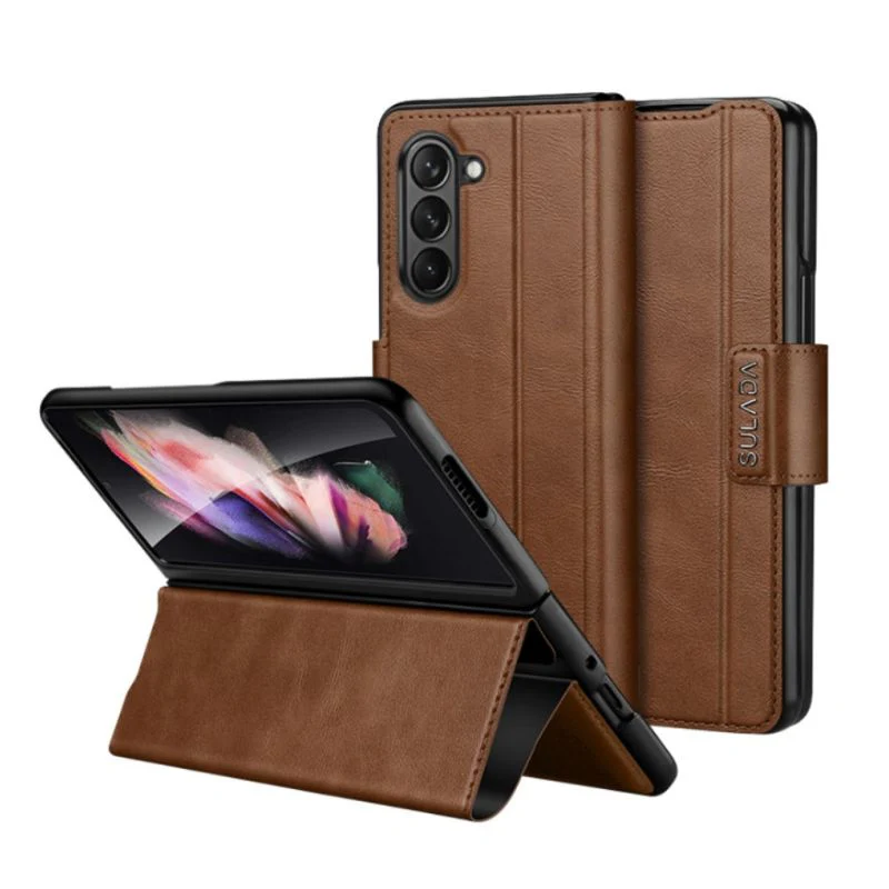Samsung Galaxy Z Fold5 Full-wrap Plain Leather Foldable Stand Magnetic Closure Case