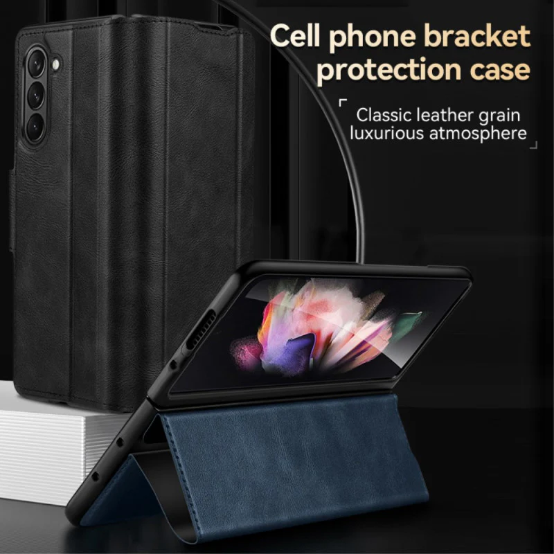 Samsung Galaxy Z Fold5 Full-wrap Plain Leather Foldable Stand Magnetic Closure Case - Image 2