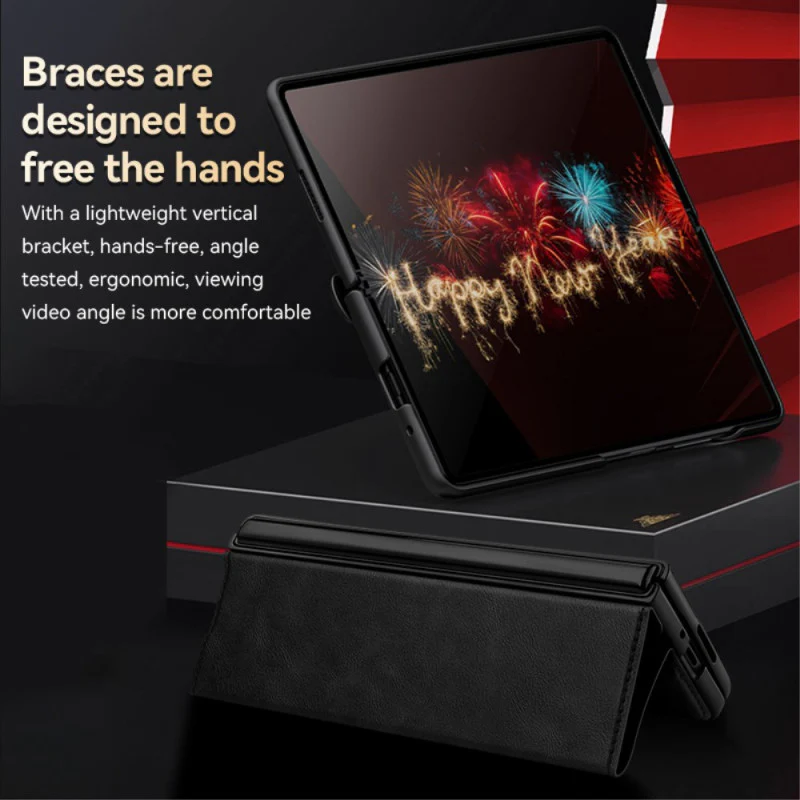 Samsung Galaxy Z Fold5 Full-wrap Plain Leather Foldable Stand Magnetic Closure Case - Image 3