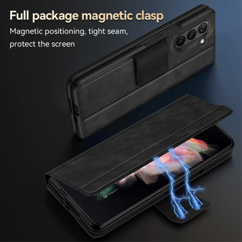 Samsung Galaxy Z Fold5 Full-wrap Plain Leather Foldable Stand Magnetic Closure Case - Image 4