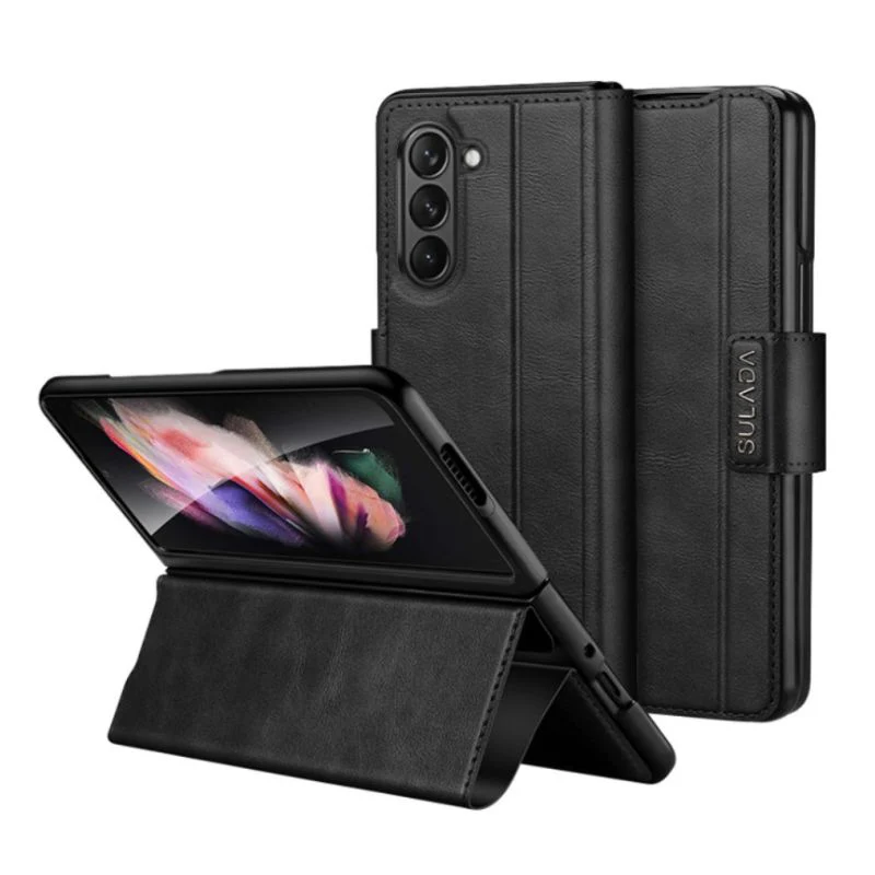 Samsung Galaxy Z Fold5 Full-wrap Plain Leather Foldable Stand Magnetic Closure Case - Image 7