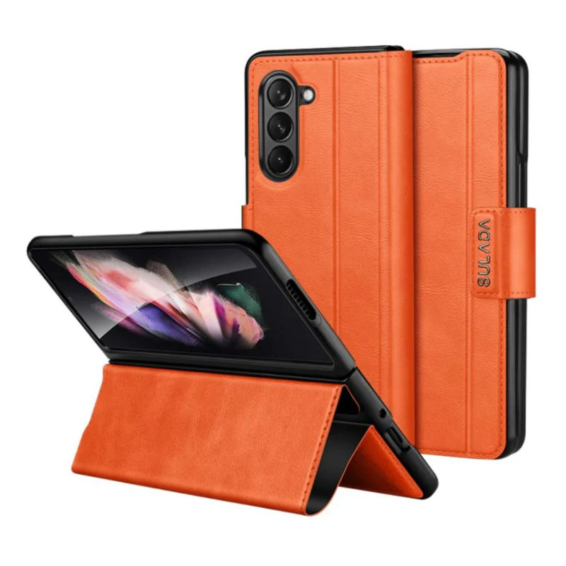 Samsung Galaxy Z Fold5 Full-wrap Plain Leather Foldable Stand Magnetic Closure Case - Image 10