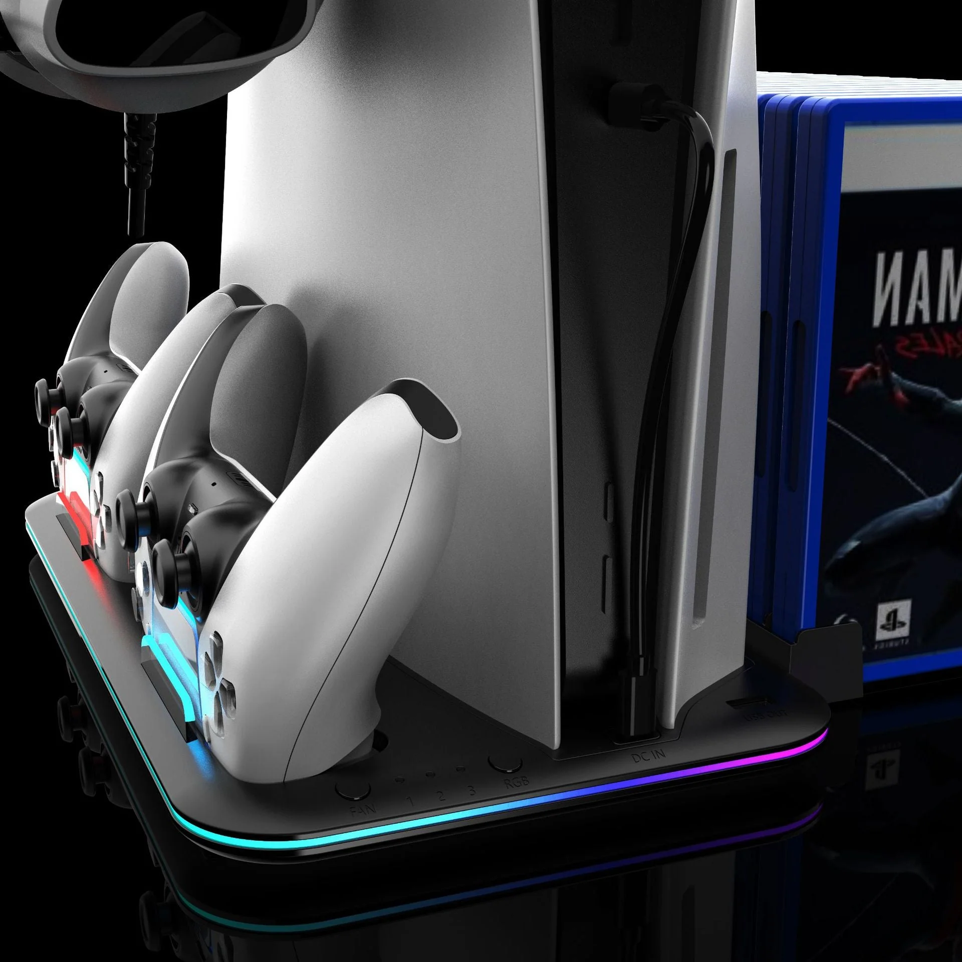 SONY PlayStation PS5 Slim & PS5 Pro - All-in-one Multifunction Charging Stand with Cooling Fan & RBG Light Effect & Disc Storage - Image 4