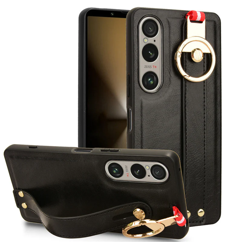 Sony Xperia 1 IV - Shockproof Wristband Leather Stand Case With Ring Holder