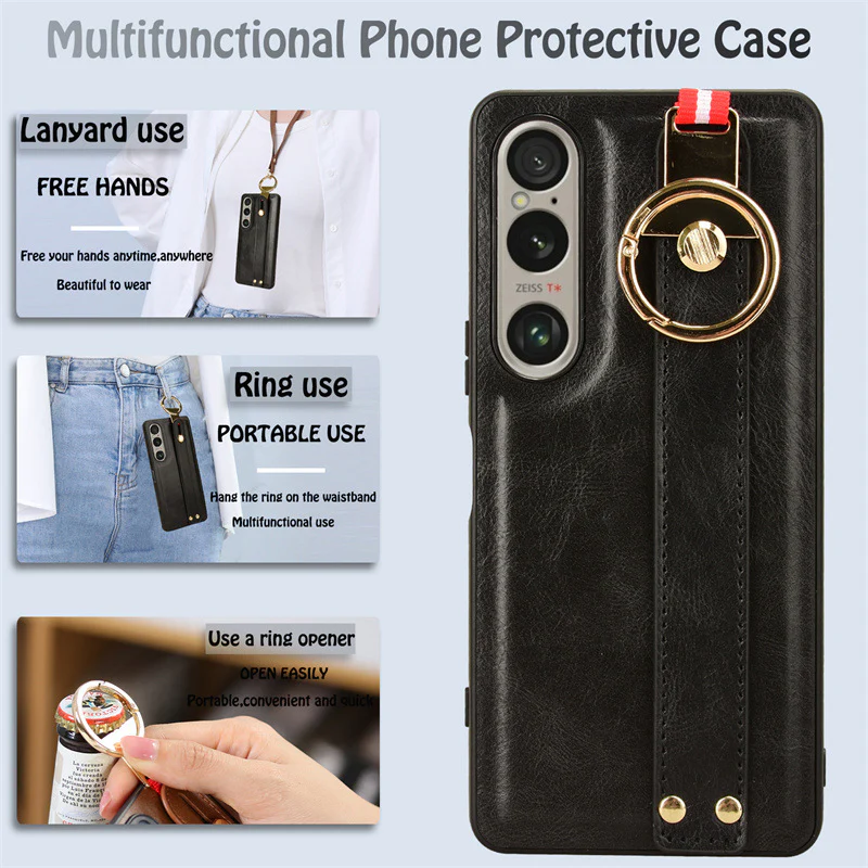 Sony Xperia 1 IV - Shockproof Wristband Leather Stand Case With Ring Holder - Image 13