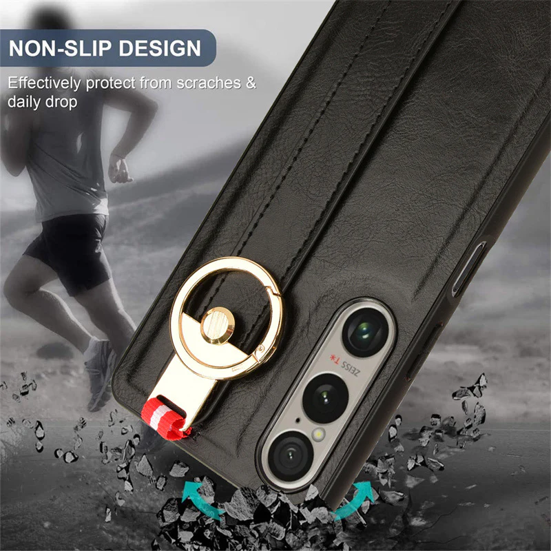 Sony Xperia 1 IV - Shockproof Wristband Leather Stand Case With Ring Holder - Image 14
