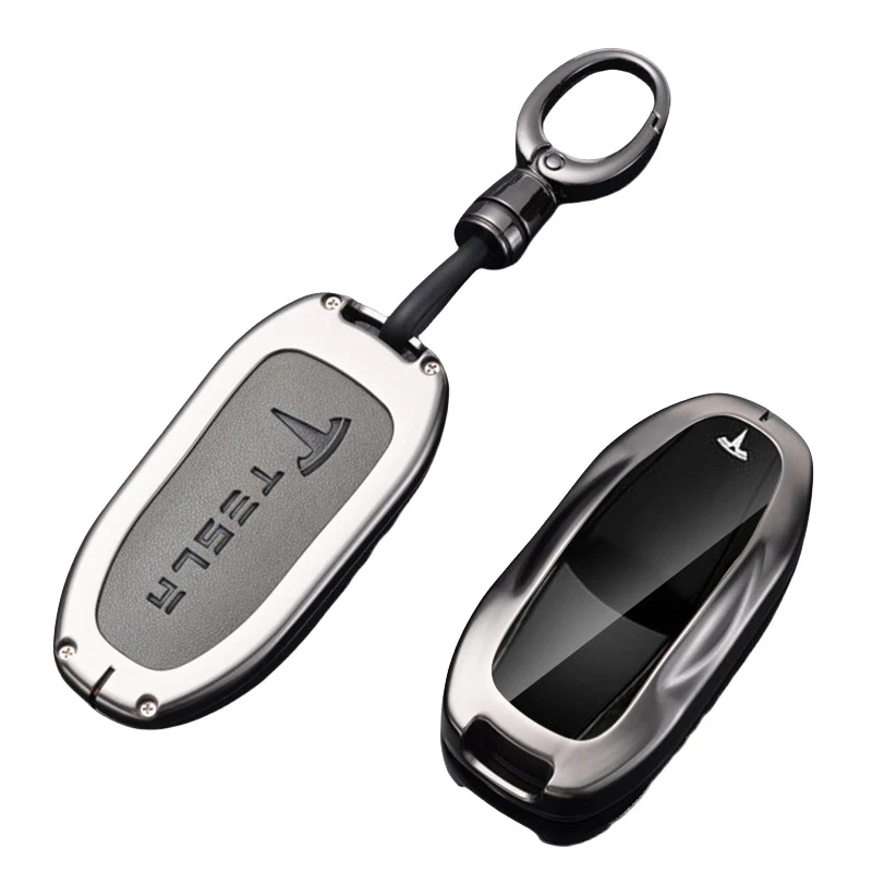 Tesla Full Aluminum Alloy + TPU Film & PU Leather Cover Car Key Fob Case for Model S, Model X