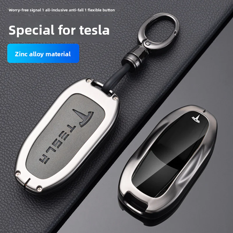 Tesla Full Aluminum Alloy + TPU Film & PU Leather Cover Car Key Fob Case for Model S, Model X - Image 3