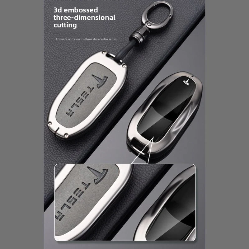 Tesla Full Aluminum Alloy + TPU Film & PU Leather Cover Car Key Fob Case for Model S, Model X - Image 4