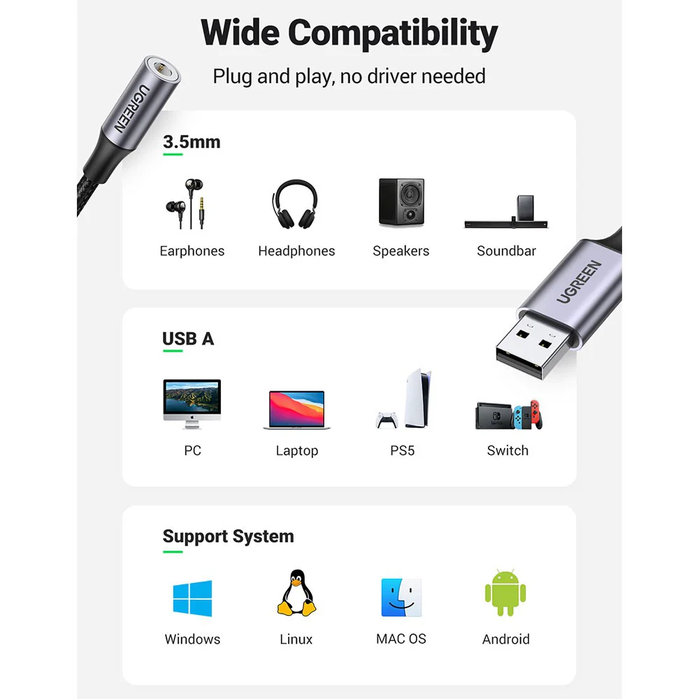 UGREEN CM477 USB 2.0 to 3.5mm Audio Adapter 25cm-Dark Gray - Image 5